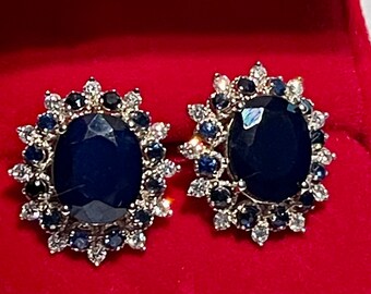 Custom 14k White Gold 8 Carat Natural Sapphires and 0.70 Diamonds, Vintage Inspired Double Halo Earrings. Art Deco Star Burst Designed