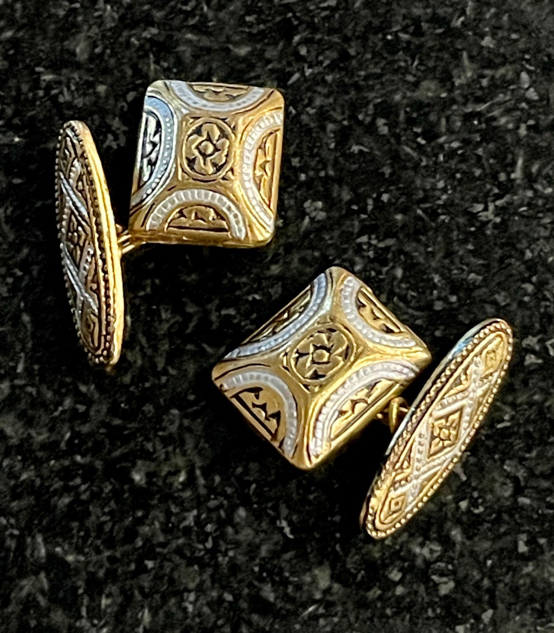 Vintage Spanish Damascene Cufflinks Gold and Enamel Chain Cuff Links