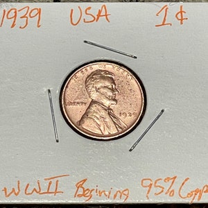 Vintage 1939 Copper Wheat Penny, First Year of WW2 in Europe, very clean mint condition, excellent collectible coin. 95% copper