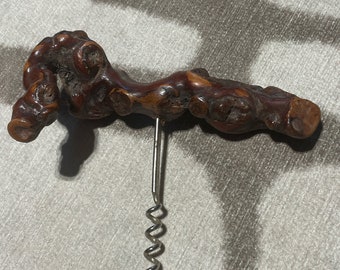 Vintage Mid-Century Modern Lacquered Grapevine Corkscrew 7” Wood Handle, Franmara Style Design circa 1970s European MCM Conversation Piece