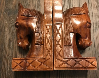 Vintage Carved Wood Horse Head Bookends, Equestrian Decor