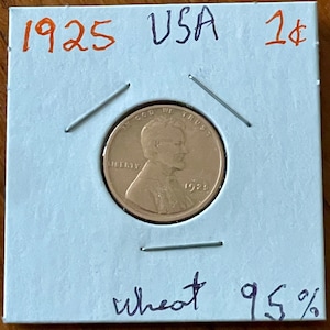 Vintage 1925 Copper Wheat Penny USA One Cent Abraham Lincoln Bust, Clean Collectible Roaring 20’s Good Condition for Age 1 Cent Copper Penny