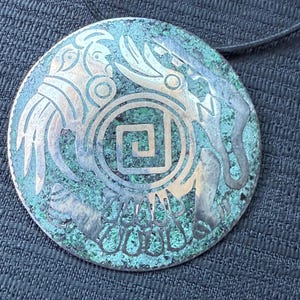 Vintage Mayan Sterling Silver and Jade Pendant with Black woven Necklace