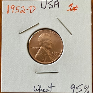 Vintage 1952-D Copper Wheat Penny, USA One Cent Abraham Lincoln Bust, Clean Collectible Denver Mint, Korean War Era, 1 Cent 95% Copper