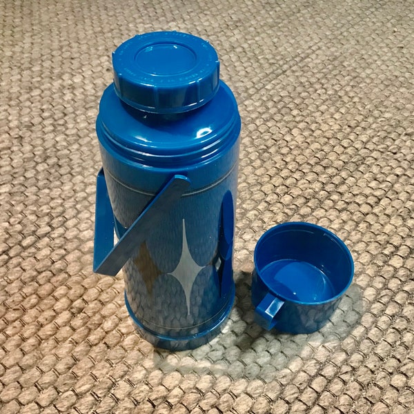 Vintage 1960s Retro Blue Aladdin Thermos with Top and Cup Complete, Made in Tennessee USA, MId Century Modern Insulated Thermos