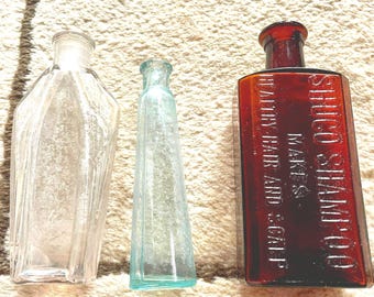 Antique Glass Shuco Shampoo Corked Bottle, Light Blue Slender Corked Glass Bottle American Collectible. Industrial Vintage