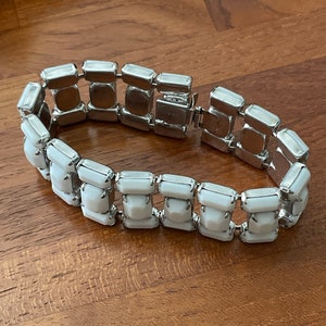 Vintage 1950s Weiss Faceted Milk Glass Bracelet, 7” Length 4-Prong Setting with Rhodium Plating. Made in New York USA