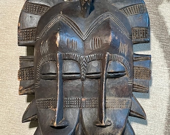 Vintage 1960s West African Senufo People Kpeliye Mask from Ivory Coast Poro Culture. 15.5” x 8.5” x 4” Wall Mounted Setting, Solid Wood