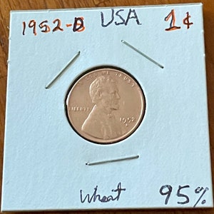 Vintage 1952-D Copper Wheat Penny, USA One Cent Abraham Lincoln Bust, Clean Collectible Denver Mint, Korean War Era, 1 Cent 95% Copper Error