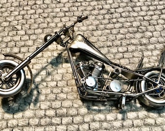 Custom Handmade Chopper 13” Raked Out Motorcycle Recycled And Repurposed Material