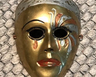 Vintage 1970’s Carnival of Venice Brass and Enamel Tragedy Theatre Mask Wall Decor, Small Scale