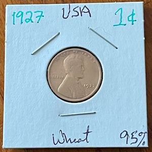 Vintage 1927 Copper Wheat Penny USA One Cent Abraham Lincoln Bust, Clean Collectible Roaring 20’s Good Condition for Age 1 Cent Copper Penny