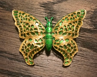 Vintage Filigree Butterfly Brooch 1960s W. German Green Enamel and Gold Coloring Pin