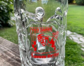 Vintage Beer Stein LAMM-BRAU SCHWIEBERDINGER German One Liter Glass Mug 150 Year Anniversary 1962