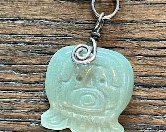 Vintage 1970s Maya Aztec Meso American Green Apple Jade Hieroglyphic LORD Symbol, Hand Carved Mexican Jade Pendant with 26” necklace