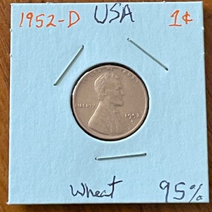 Vintage 1952-D Copper Wheat Penny, USA One Cent Abraham Lincoln Bust, Clean Collectible Denver Mint, Korean War Era, 1 Cent 95% Copper