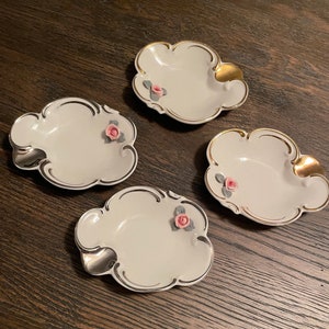 Vintage 1960s Dresden Floral Rose Gold and Silver Sets of Saucers or Ashtrays. Authentic German Porcelain High Quality Finish
