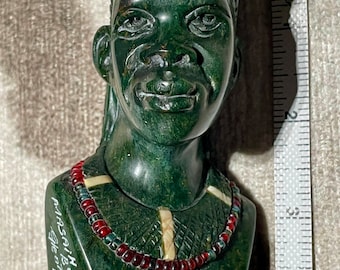 Vintage Hand Carved Verdite Maasai Man Sculpture by Glenton Khazi, Intricate Stone Work, 4” Tall