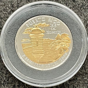 2007-D USA Quarter, Puerto Rican Gold Plated Quarter, 25 Cents Denver Mint, Plastic Hard Case Included, Collectible 18 Year Old Coin