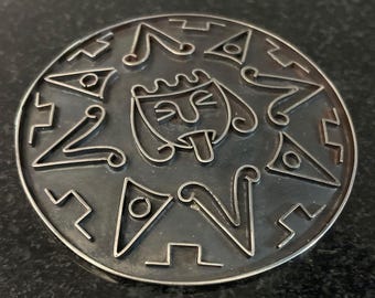 Vintage Sterling 925 Silver 2.75” Raised MezoAmerican Design Pendant Brooch Circa 1990s Hecho en Mexico, Handmade Hammered Unique Piece