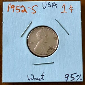 Vintage 1952-S Copper Wheat Penny, USA One Cent Abraham Lincoln Bust, Clean Collectible San Francisco Mint, Korean War Era, 1 Cent Copper