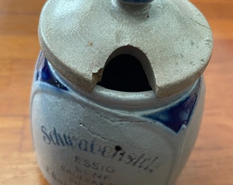 Vintage German Handmade Clay Salt Glazed Table Mustard Jar with Top, Circa 1930s Schwabenstolz Tafelsenf, Essig, Gurken, Sauerkraut, Senf