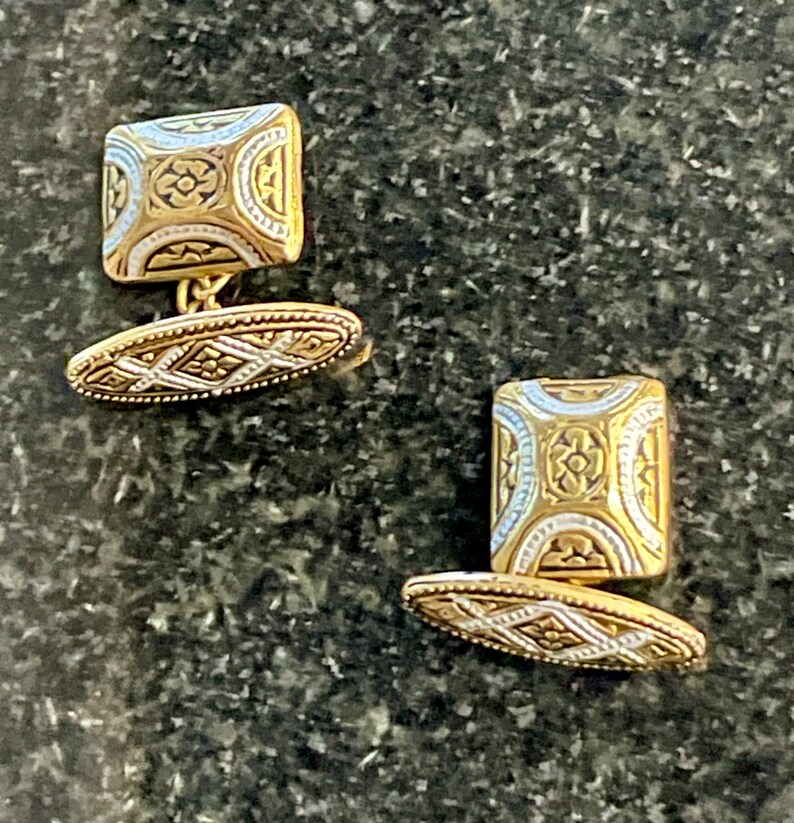 Vintage Spanish Damascene Cufflinks Gold and Enamel Chain Cuff Links