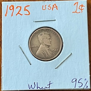 Antique 1925 Copper Wheat Penny USA One Cent Abraham Lincoln Bust, Collectible Roaring 20’s Very Good Condition for Age. 1 Cent Copper Penny