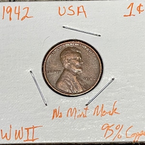 Vintage 1942 World War Two 95% Copper, No Mint Mark, Philadelphia, One Penny in Excellent Condition, Wheat Penny Important Date! Collectible