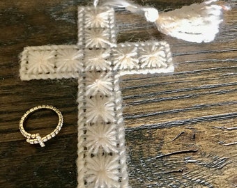 Vintage 1970s Handmade Crochet White Cross Bookmark with 1990s Adjustable Faux Diamonds Cross Ring.