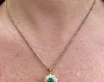 Custom Natural Emerald with Diamond Double Halo in 14k Gold Setting with 14k Gold Rope Necklace, Bespoke, 1 of a Kind
