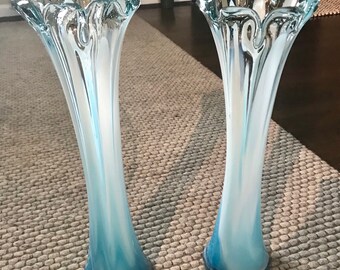 Vintage Handblown Sling Glass Vases Pair  Blue and White, Unique Set with Bubbles 17.5” High, MCM Retro, Ultra Modern, Futuristic Art