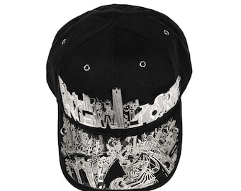 Black Baseball Cap – NYC Skyline Statue of Liberty Full Metal Hat, Futuristic Statement Design