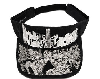 Black Visor Hat – NYC Skyline Statue of Liberty Full Metal Visor, Futuristic Statement Design