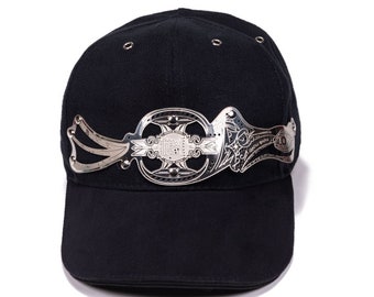 Black Baseball Cap – Robotic Warrior “Zanshee” Horizontal Band Metal Hat, Futuristic Sci-Fi Statement Design