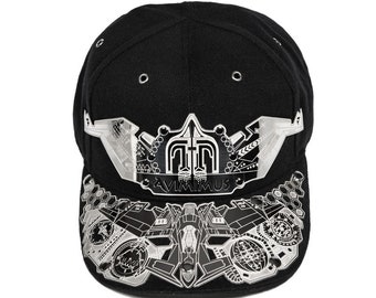 Black Baseball Cap – “Avimimus” Full Metal Hat, Aviation-Inspired Sci-Fi Statement Design