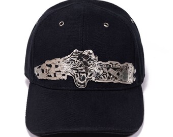 Black Baseball Cap – “Sookaru” Band Metal Hat, Futuristic Sci-Fi Feline Statement Design