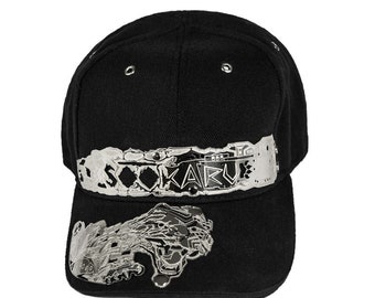 Black Baseball Cap – “Sookaru” Full Metal Hat, Futuristic Sci-Fi Feline Statement Design