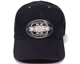 Black Baseball Cap – Robotic Warrior “Zanshee” Oval Band Metal Hat, Futuristic Sci-Fi Statement Design