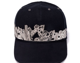 Black Baseball Cap – NYC Skyline Horizontal Band Metal Hat, Futuristic Statement Design