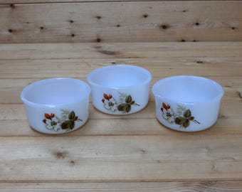 May include: Three white, round, vintage bowls with a floral design featuring white flowers, orange accents, and green leaves. The bowls are arranged on a wooden surface. The bowls are likely for serving or storage.