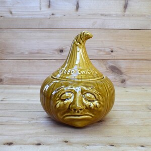 May include: A mustard yellow ceramic onion-shaped container with a lid, featuring a face with tear details. The container has the words "Dried Onion" on the lid. The container is on a wooden surface. A decorative kitchen item.