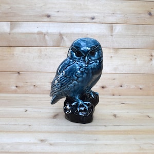 May include: A dark teal ceramic owl ornament with a glossy finish. The owl is perched on a black base, with detailed feathering and dark eyes. The ornament is set against a wooden background.