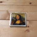 Square Mona Lisa Compact Mirror, Gold tone metal compact, French Souvenir Compact