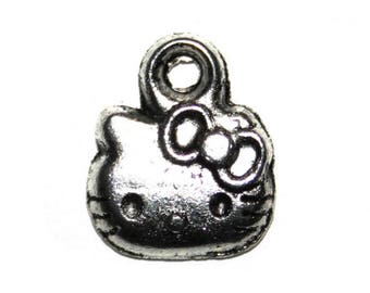 x5 breloques chat Kitty en métal argenté, 11x14mm: BA0015