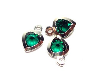 x2 crystal charms Dark green set silver 925, heart shape, 9.9x6.5mm: BS0003-VF