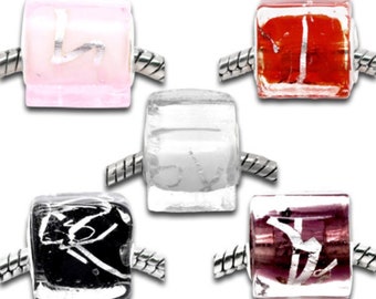 Lot de 4 perles européennes à gros trou cube, verre Lampwork rouge: PEM0042