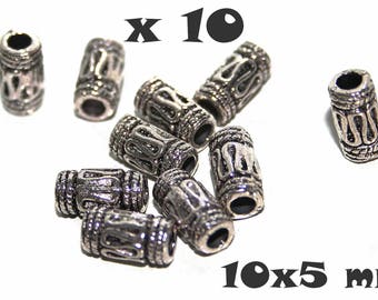 Lot de 10 Perles en métal argenté veilli tube 10x5mm