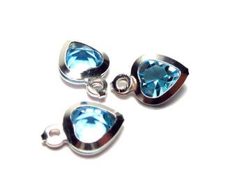 x2 breloques cristal Bleu serti argent 925, forme coeur, 9,9x6,5mm: BS0003-B