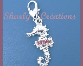 Charm charm on clasp 2D hippocampus rhinestone roses and metal